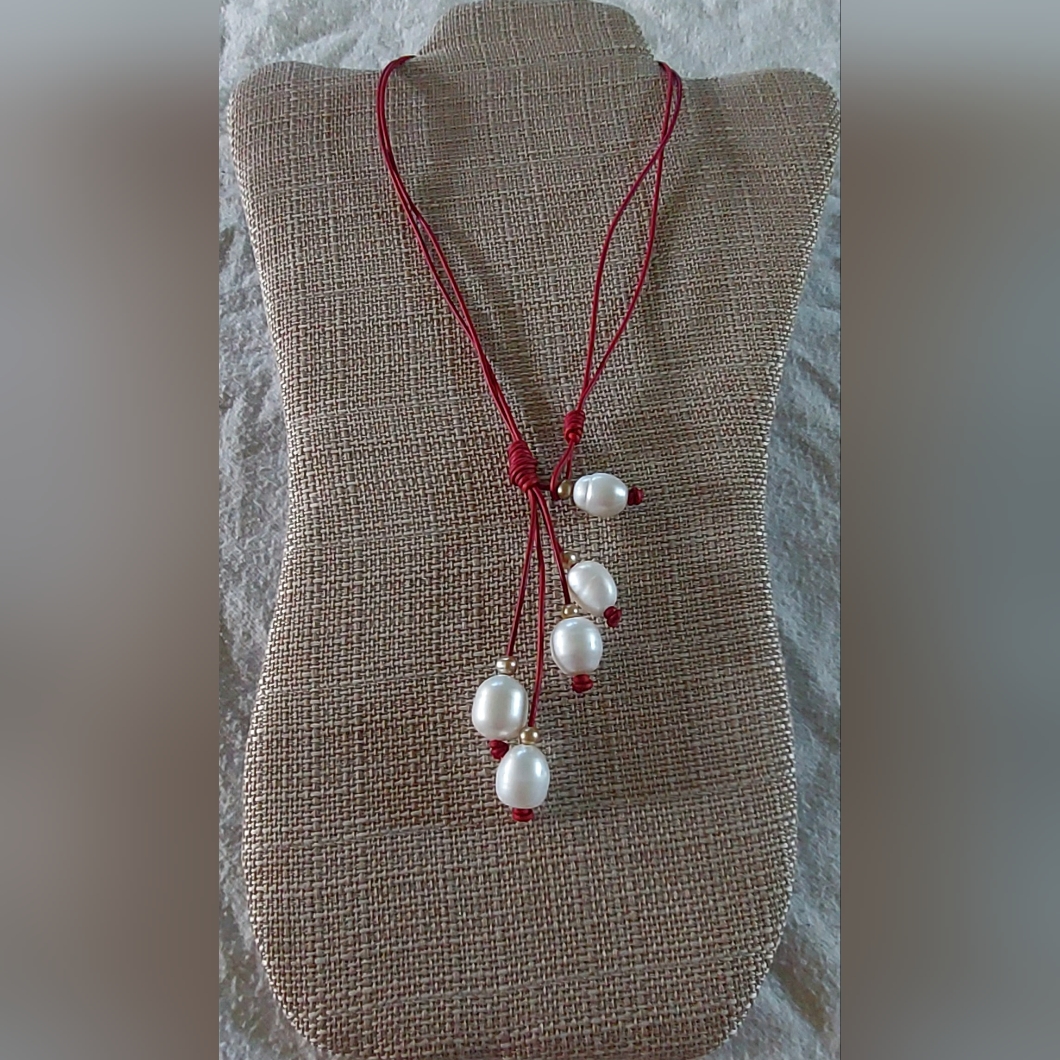 New Handmade 2-Way White & Gold Pearl & Red Leather Necklace